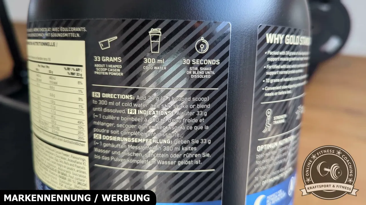 Laut Herstellerempfehlung wird ein gehäufter Messlöffel mit 33 g Pulver für 30 Sekunden in 300 ml kaltem Wasser geschüttelt.