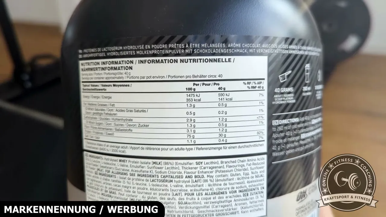 Die Nährwerttabelle zeigt einen hohen Eiweißgehalt von 75 Prozent sowie besonders geringe Mengen an Fett und Zucker.